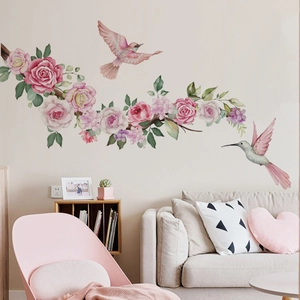 Watercolor pink peony flowers and hummingbird wall decals for home bedroom decoration