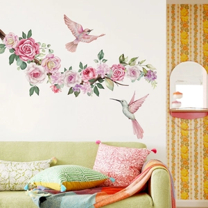 Watercolor Pink Peony Floral Hummingbird Wall Stickers PVC Removable Art Decals For Bedroom Living Room Background Decor