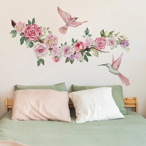 Watercolor pink peony wall decal with hummingbirds for elegant home bedroom decoration