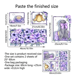Sticker mural aquarelle fleurs mauves et fille papillon pour décor de salon chambre