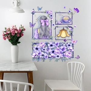 Stickers Muraux Fleurs Violettes Papillon Fille En PVC Décalcomanies Murales Amovibles DIY Pour Décoration De Salon Chambre