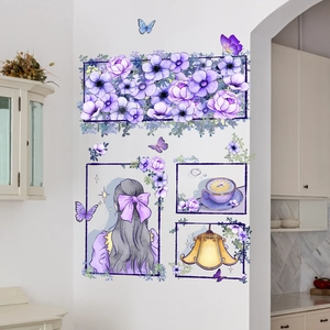 Stickers muraux fleurs violettes aquarelle avec papillons et fille pour déco intérieure