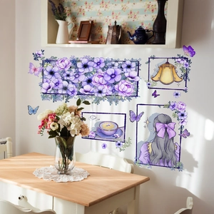 Détails de stickers muraux floraux violets avec fille et lustre pour décoration d'intérieur