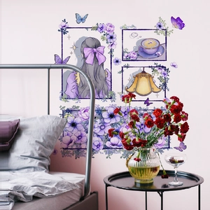Stickers muraux fille en robe violette avec fleurs et cadres pour salon décoratif