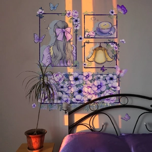 Stickers muraux aquarelle fleurs mauves et fille papillon pour décor de chambre
