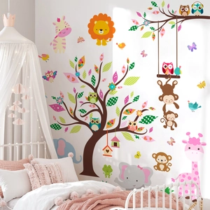 Cartoon animal forest wall decals featuring tree giraffe and lion for kids room decor