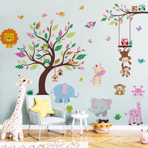 Cartoon animal wall stickers with colorful tree giraffe lion and elephant for kids room