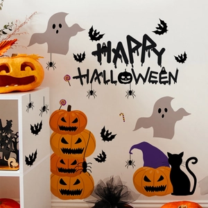 Halloween wall stickers featuring pumpkins, ghosts and bats with Happy Halloween text