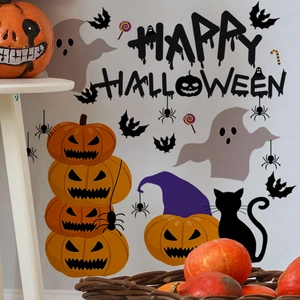 Detail of Halloween wall decals featuring pumpkins, ghosts and bats in a home setting