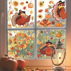 Thanksgiving Fensteraufkleber mit Truthahn und Kürbis an einem gemütlichen Holzfenster