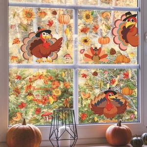 Thanksgiving Fensterbilder mit Herbstlaub, Truthähnen und Kürbissen auf Glasdeko
