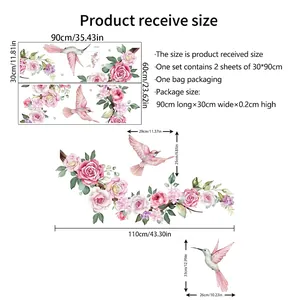 Watercolor peony and hummingbird wall sticker set with detailed size dimensions