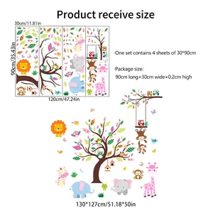 Cartoon animal wall decals with giraffe and lion for kids room including size charts