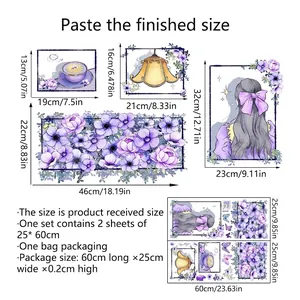 Stickers muraux DIY avec motifs floraux violets et silhouette de fille pour déco