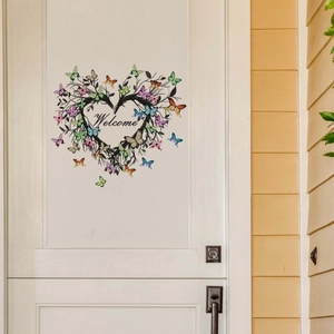 Sticker mural couronne de fleurs et papillons en cœur avec texte Welcome sur porte