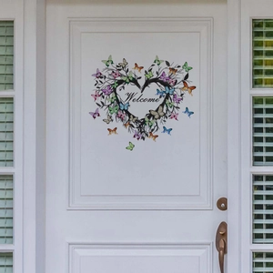 Sticker Mural Auto-adhésif en PVC Forme de Coeur Couronne de Branche de Papillon Lettre Welcome pour Entrée Maison Salon