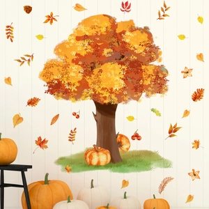Watercolor autumn tree wall decal with colorful maple leaves and pumpkin decoration