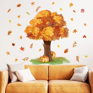 Watercolor autumn tree wall decal with falling maple leaves and pumpkins for living room