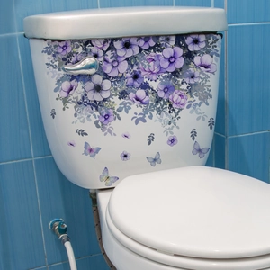Waterproof purple floral toilet seat decals with butterflies for bathroom wall decoration