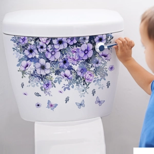 Purple watercolor floral and butterfly toilet lid decals for bathroom wall decoration
