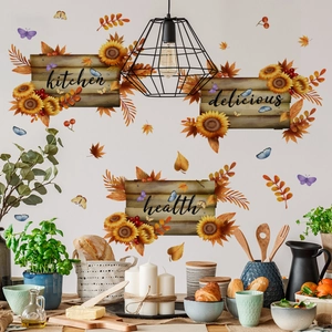 Three-piece sunflower wall decals with kitchen texts, autumn leaves and colorful butterflies