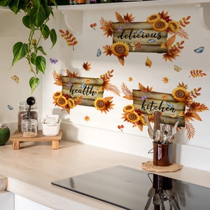 Autumn kitchen wall stickers with sunflowers, butterflies and delicious health wooden signs