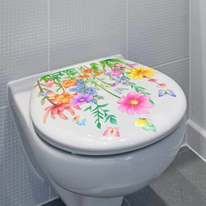 Waterproof floral toilet cover sticker featuring colorful butterflies and daisies
