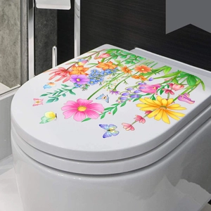 Waterproof PVC toilet lid sticker featuring colorful floral daisies and butterflies