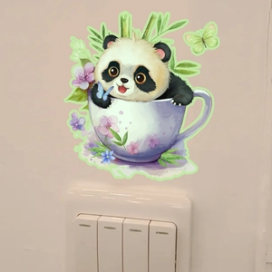Luminous panda in teacup wall sticker for light switch decoration in bedroom or living room