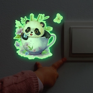 Glow-in-the-dark panda cup light switch sticker with bamboo leaves and butterfly accents