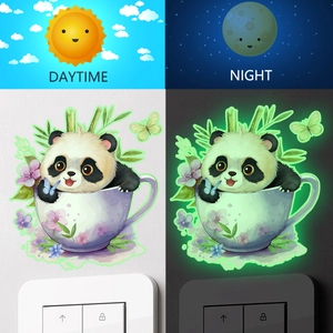 Luminous panda in a teacup switch sticker showing bright green glow in the dark effect