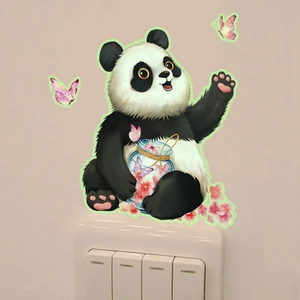 Glow-in-the-dark cute panda wall sticker with butterflies and flowers for home decor