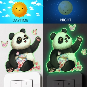 Glow in the dark panda wall stickers showing daytime and night green fluorescent effects