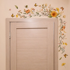 Floral and butterfly self-adhesive door stickers for cozy home wall decor in warm yellow