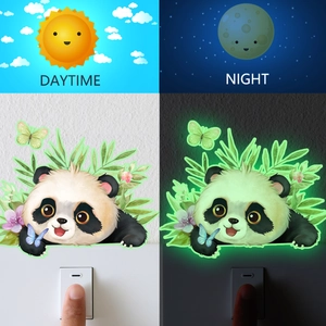 Luminous panda and bamboo wall stickers shown in daytime and night glow effect