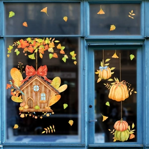 Thanksgiving Autumn Pumpkin Birdhouse Window Stickers PVC Static Cling Watercolor Maple Leaves Fall Harvest Glass Decals Home Decor