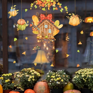 Fall static window decals with pumpkin, birdhouse and autumn leaves decoration set