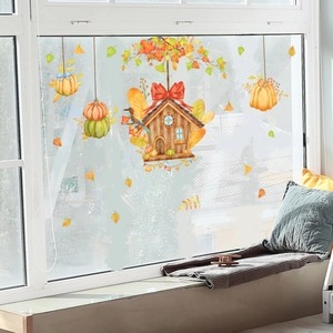 Fall pumpkin and birdhouse window stickers in watercolor style for home decoration