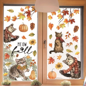 Herbst Fensteraufkleber mit Katzen in Schals und Kürbissen für die Glasdekoration zu Hause