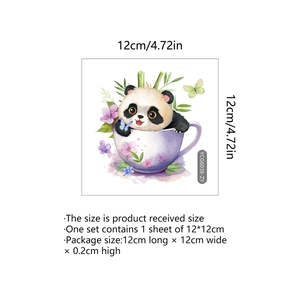 Luminous panda in teacup wall sticker with flowers and butterfly, 12x12cm home decor