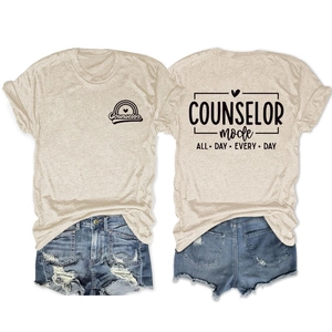 Flat lay of beige Counselor t-shirt and ripped denim shorts set with back graphic