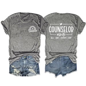 Front and back view of grey Counselor T-shirt with rainbow heart and white text print