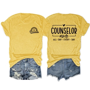 Front and back view of counselor mode graphic tee with blue ripped denim shorts