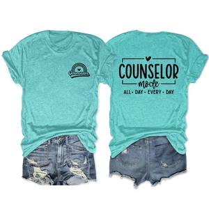 Front and back view of mint green Counselor heather t-shirt with rainbow graphic print