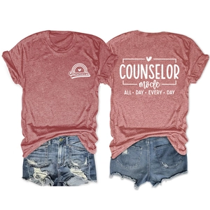 Front and back detail of rust red T-shirt with Counselor print and denim shorts