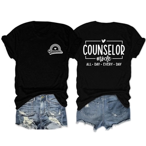 Front and back detail of black Counselor T-shirt with white slogan and denim shorts