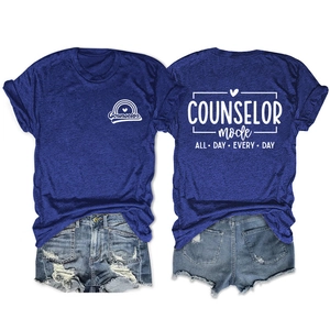 Detail of Counselor Mode print on front and back of navy blue cotton t-shirt