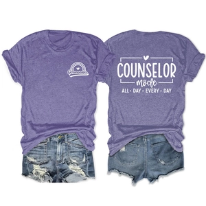 Detail of purple cotton T-shirt featuring double-sided Counselor print and crew neck design