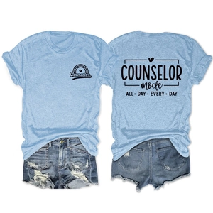 Front and back details of a light blue Counselor T-shirt with double-sided art prints