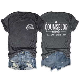 Front and back view of dark gray counselor mode T-shirt with rainbow print graphic
